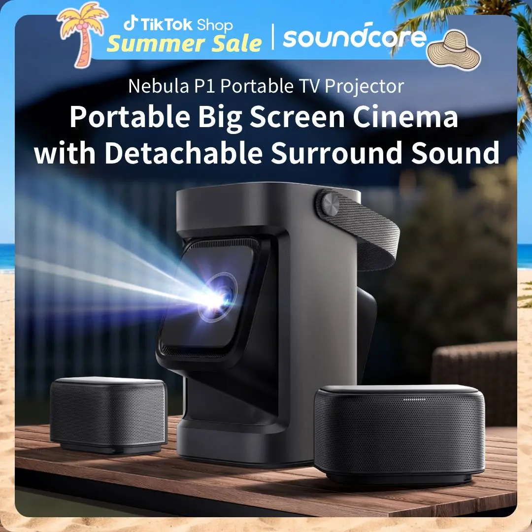 Nebula P1 Portable GTV Projector with Detachable Speakers, 650 ANSI Lumens, 1080P, 20W 2.0 Surround Sound, Dolby Audio, Built-In Gimbal, Auto Adjustment, 180" Max Screen, Carry Handle, Projector for Bedroom, Adapter, Box, Wireless #tiktokshopsummersale, G