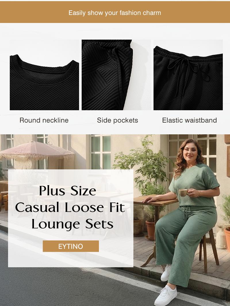 Eytino Womens Plus Size Sweatsuits Casual Short Sleeve Tops High Waist Wide Leg Pants 2 Piece Tracksuit Lounge Sets(1X-5X)