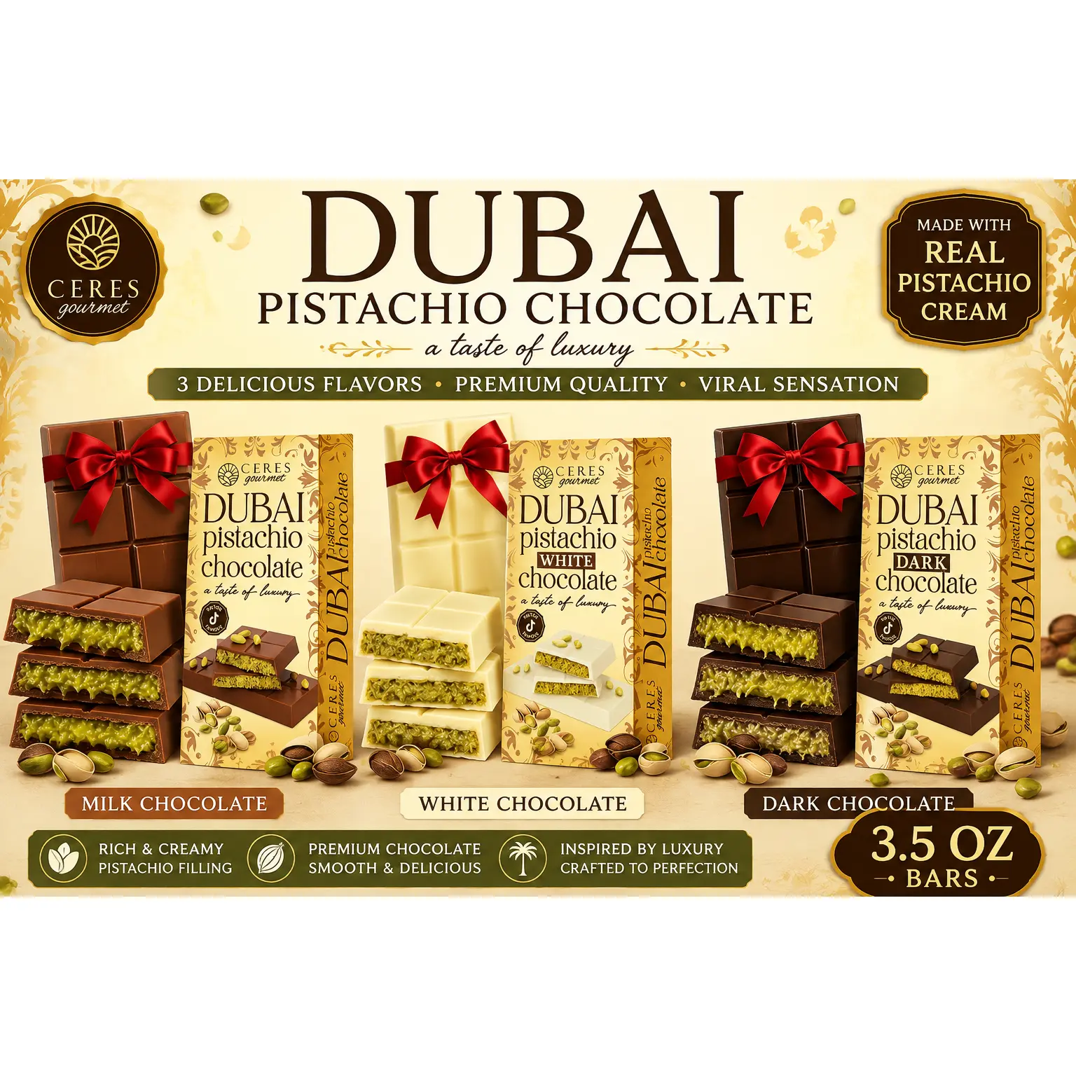 Original Viral Ceres Gourmet Dubai Chocolate 3 Bar Bundle 3.5oz Each Milk, White & Dark Premium Pistachio Authentic Dubai Recipe Rich Indulgent Perfect Gift