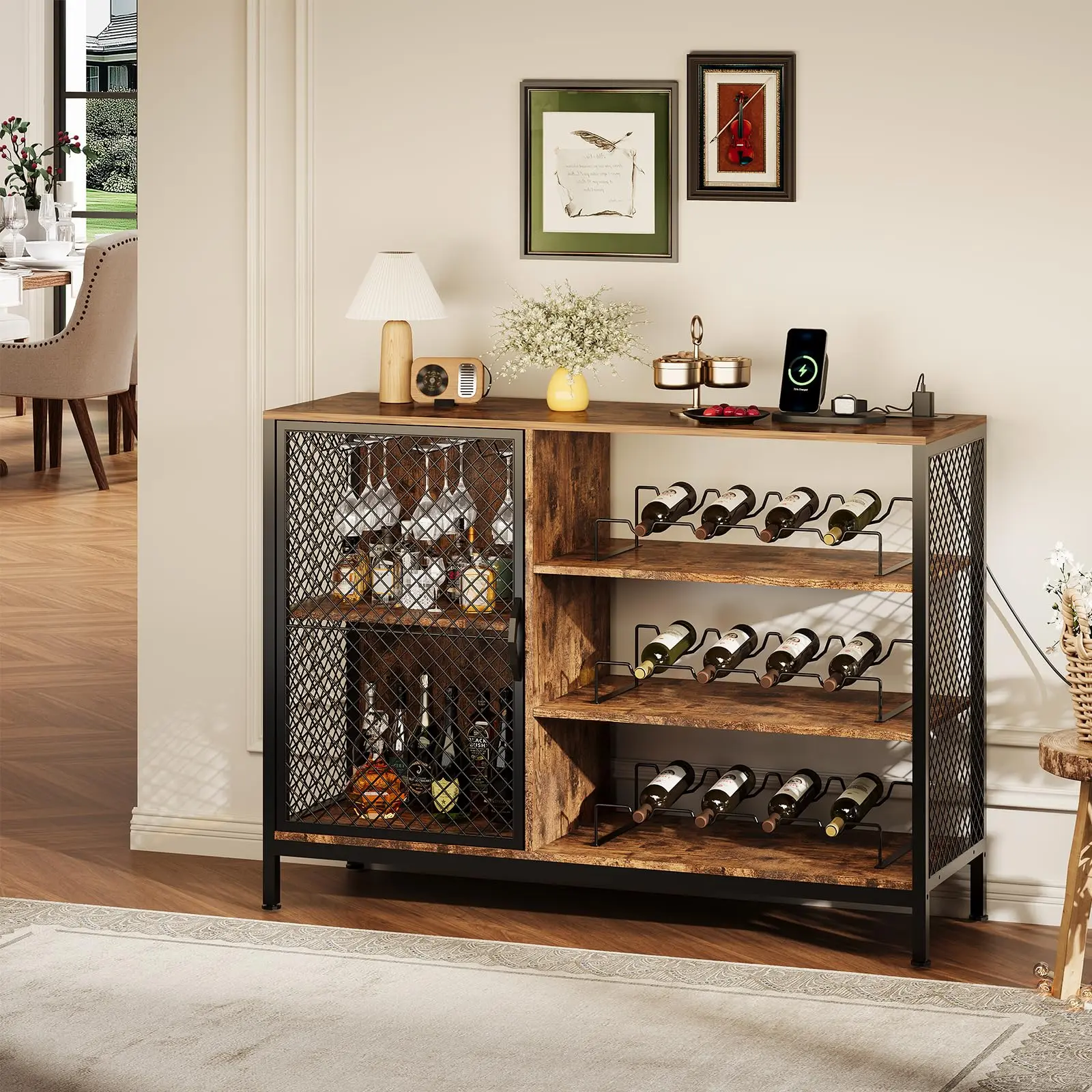 Garvee Industrial Coffee Bar Cabinet with LED Lights, Power Outlets, Wood Liquor Storage, Glass Holders, and Doors, Available in 42 and 47 inch Sizes for Home Dining and Living Room