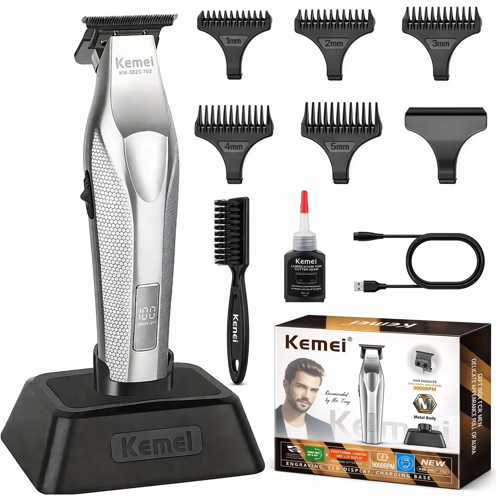 Kemei Km-3023-702 Professional Beard Trimmer for Men, Precision Blades，High-Speed 9000 Rpm Hair Clipper, Grooming Kit，Gifts for Men, Rechargeable Beard Trimmer