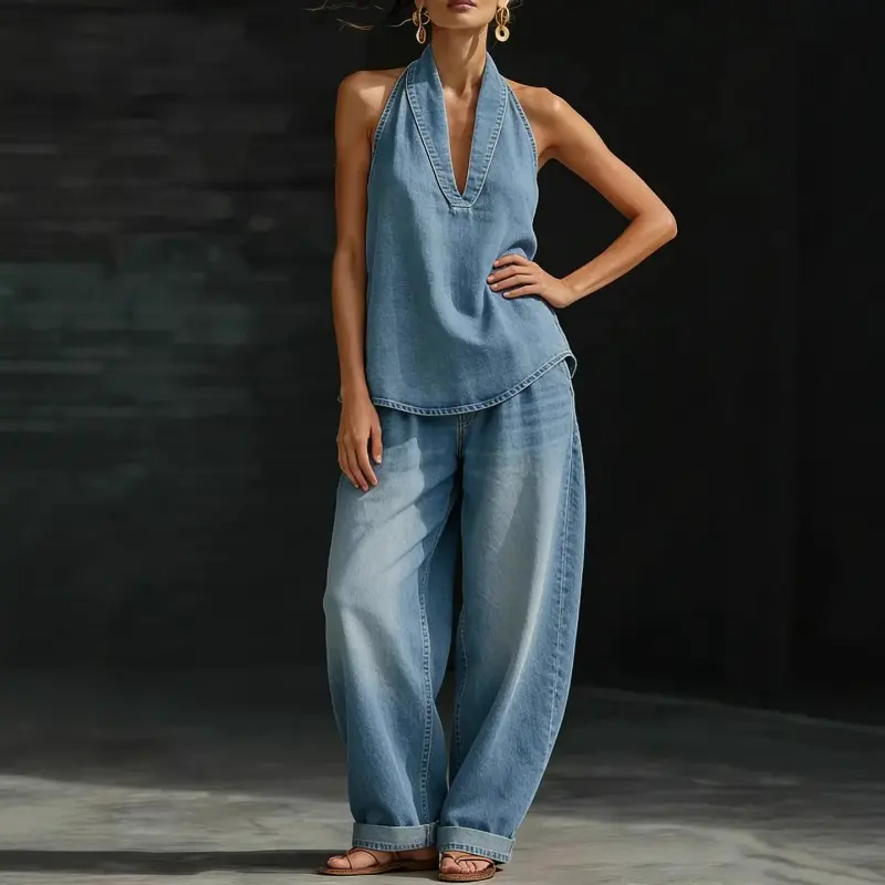 Women's Denim 2 Piece Set Casual Halter Deep V Neck Top and Baggy Wide Leg Jeans Matching Outfit Y2K Streetwear Summer Sleeveless Chambray Co-ord Relaxed Fit Everyday Wear Two Piece Jean Suit Lounge Lounge Chic Effortless Fashion Plus Size Friendly