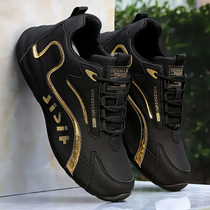 Men's Low-Profile Casual Sports Shoes, Breathable Mesh Sneakers with Gold Accents, Lightweight Walking Shoes for Gym and Daily Commute, Black
