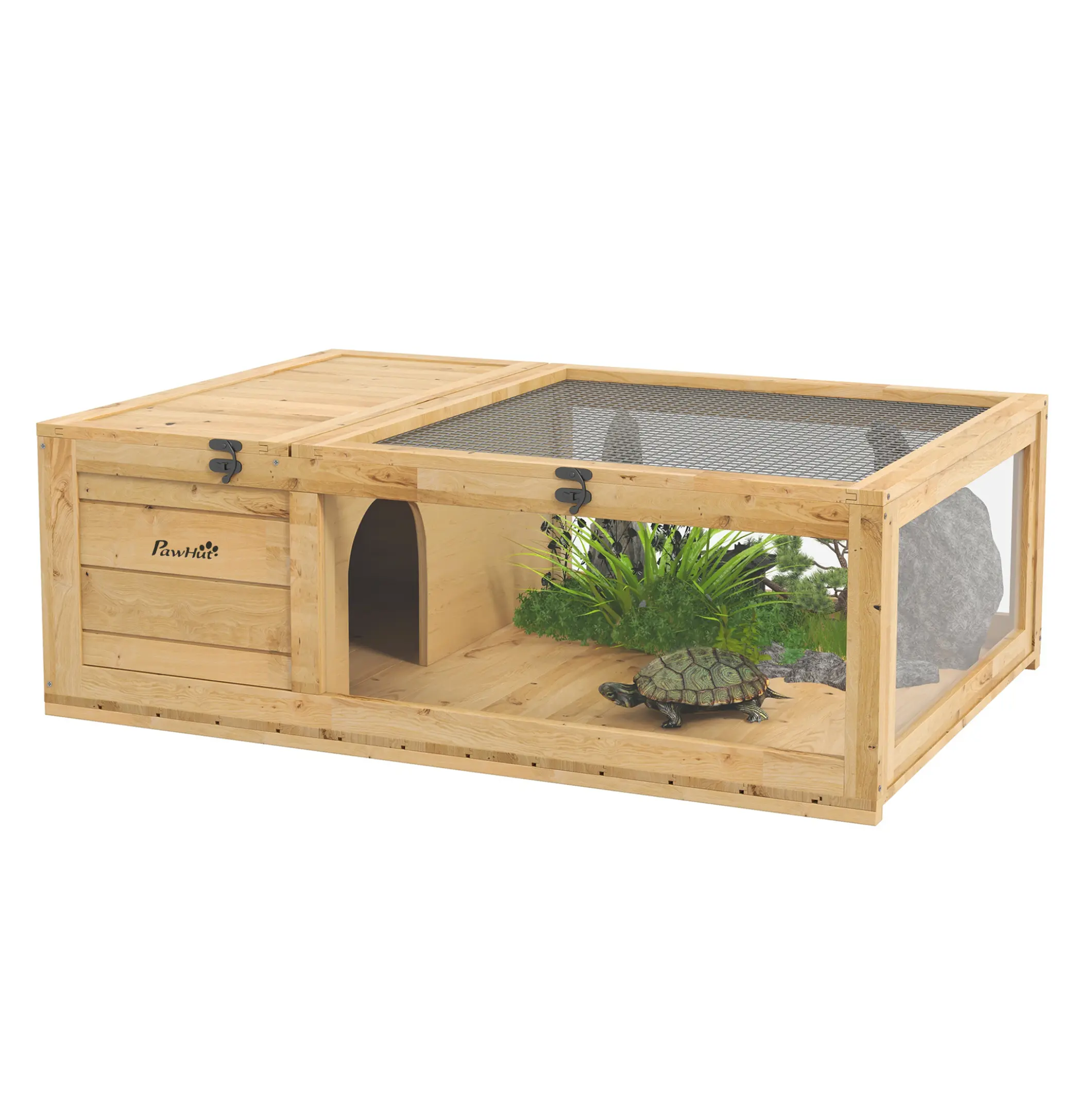 Wooden Tortoise House - 36" Indoor-Outdoor Reptile Cage (35.75" L x 23.75" W x 12.5" H) with Viewing Windows, 2 Rooms, Removable Side Panels, Easy Cleaning, Lockable Latches, Sturdy Construction, Naturalistic Habitat for Turtles, Small Animals - Yellow, R
