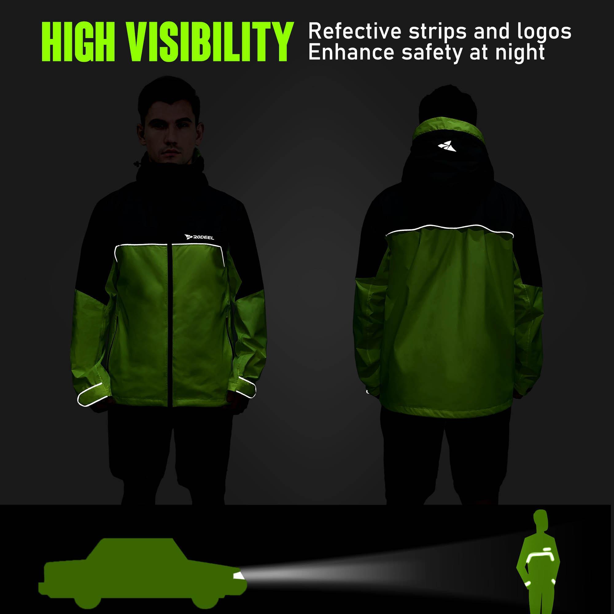RODEEL 710 Waterproof Jacket with Storage Pouch Men High Visibility Lightweight Breathable Hooded Rainwear Durable Rain Coat Weatherproof Windbreaker For Outdoor Hiking Camping Fishing Boating Construction Landscaping Gardening, Holiday Gift