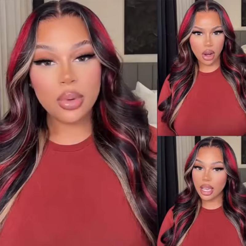 QD-Tizer Blonde Red and Black Color Synthetic Lace Front Wigs 13x4 Lace Area Blonde red Highlights color on Black Hair Long Wavy Curly Hair Wigs for Women Body Wave Hairstyle Glueless Pre PLucked Suitable for Daily Wear Cosplay Halloween Party