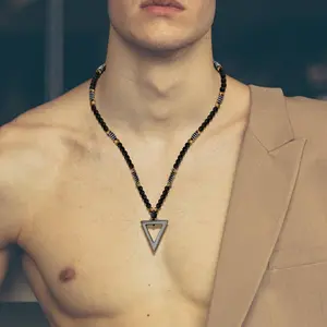 Retro Black Long Necklace Tiger-Eye Stone Beads with Triangle Pendant for Men and Women Natural Jewelry Fashion Gift