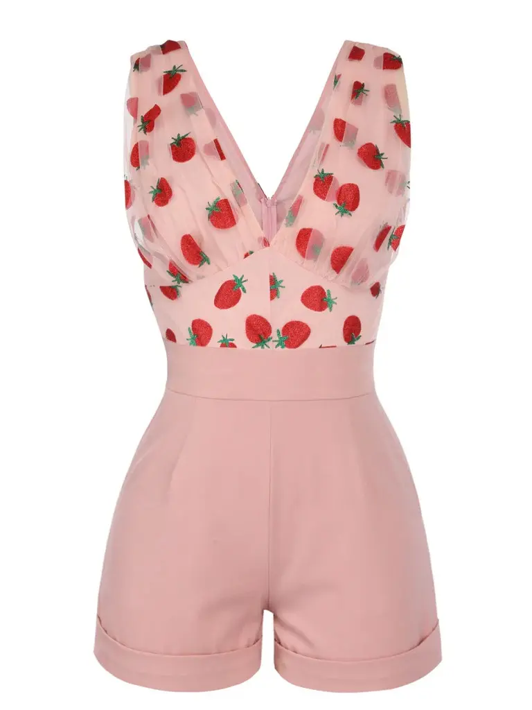 RETROSTAGE Women's Cute Strawberry Print Pink V-Neck Mesh Patch Sleeveless Romper - Chic Casual Short Jumpsuit, Y2K Trendy Retro Embroidery Summer Overallssummer outfits Cute Womenswear