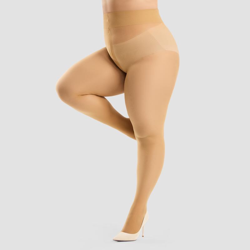 WiliW 2 Pairs 10D Ultra Sheer Tights for Women Plus Size Rip Resistant Belly Control Top Tights with Reinforced Waist for Comfort & Elegance