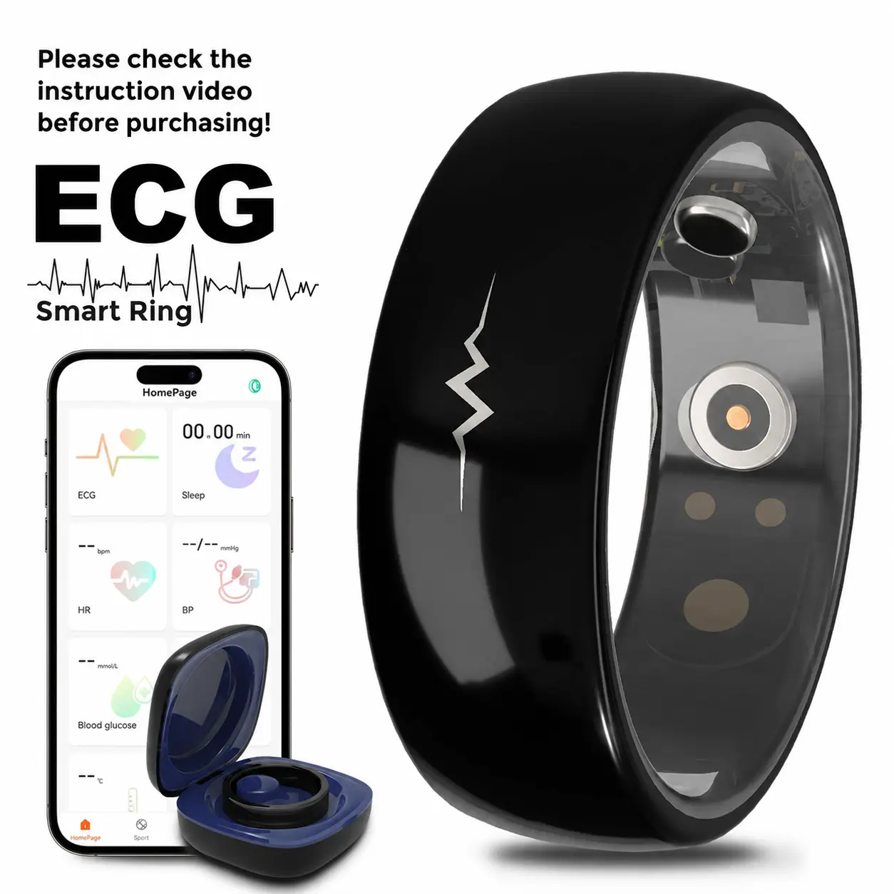 Smart ECG Health Monitoring Ring – ECG/Heart Rate /Sleep /Activity Tracker/Blood pressure/Blood glucose/Spo2/Temperature/Water Proof