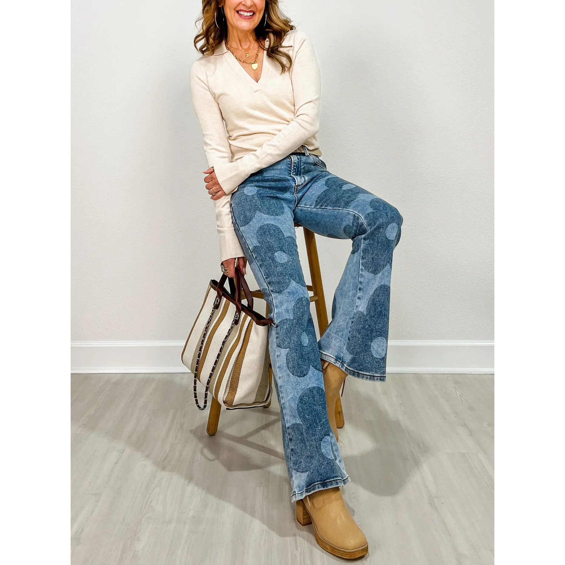 High Rise Washed Floral Bootcut Jeans