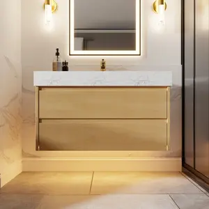 Sleek 36" Maple Bathroom Vanities - Modern Floating Vanity Cabinet with Lights and Stone Slab Countertop