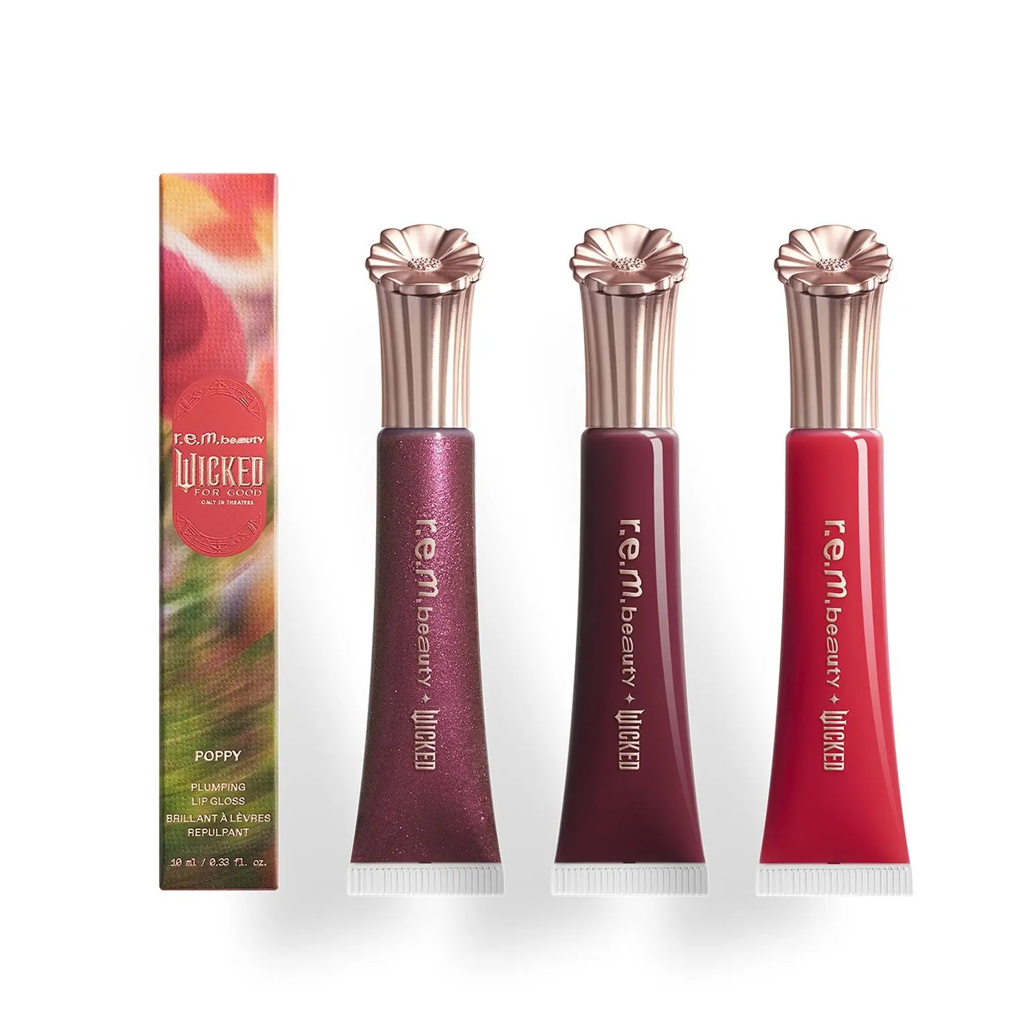 r.e.m. beauty x Wicked: For Good poppy plumping lip gloss trio - vibrant and bold colors, high-shine, plumps lips, lasting hydration