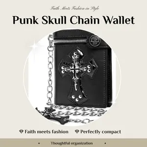 Gothic Punk Skull Cross Chain  - Jesus Gifts - Unisex Black Compact Money Pocket Men's  with 6 Card Slots & 2 Money Pockets mengifts Engraved Genuine Leather dad  Minimalist