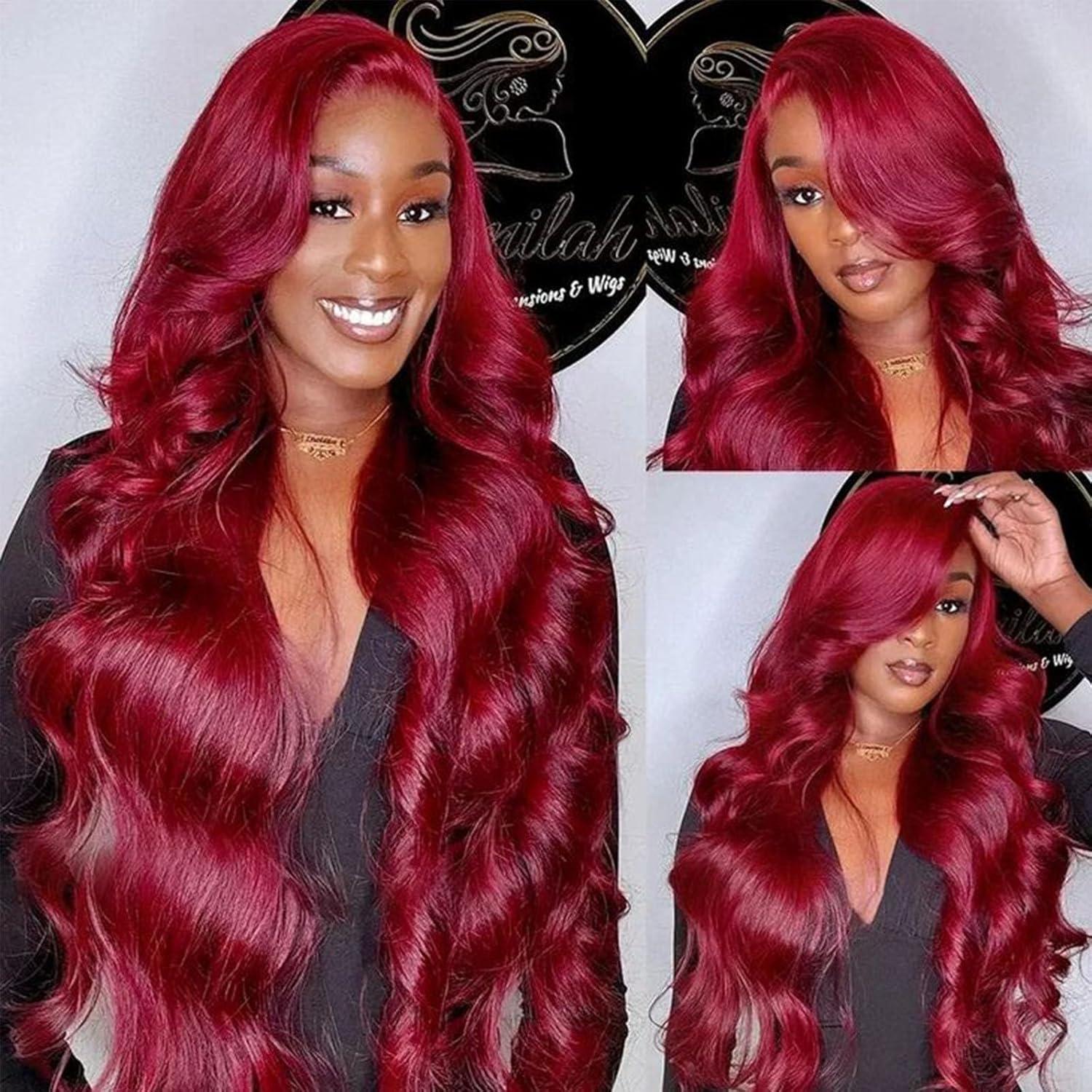 13x6 99J Body Wave Wig Burgundy Lace Front Wigs Human Hair 200% Density 32 Inch Hd Transparent Body Wave Frontal Wig Pre Plucked with Baby Hair Red Wine Wigs for Women