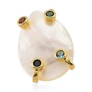 White Keshi Pearl, Multi Color Cubic Zirconia Ring in Goldtone Adjustable