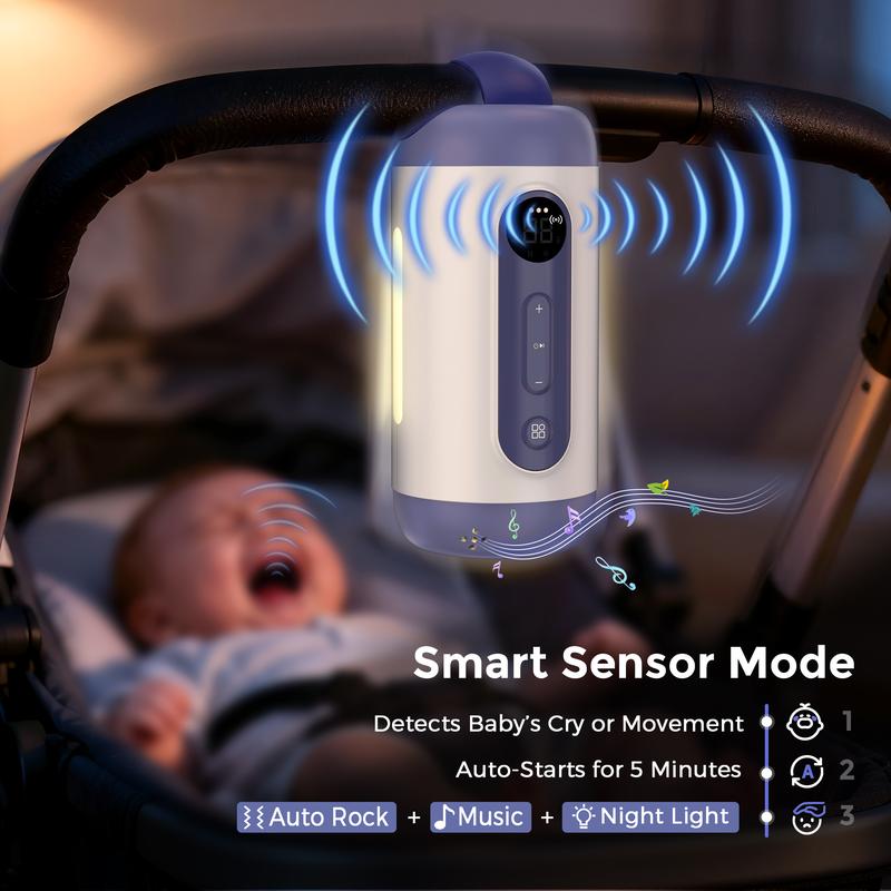 Momfann Hands-Free Stroller Rocker Device with 6 Vibration Levels 21 Smoothing Sounds & 3 Night Modes Baby Soother Fits All Strollers Rechargeable Sleep Aid for Newborn Essentials