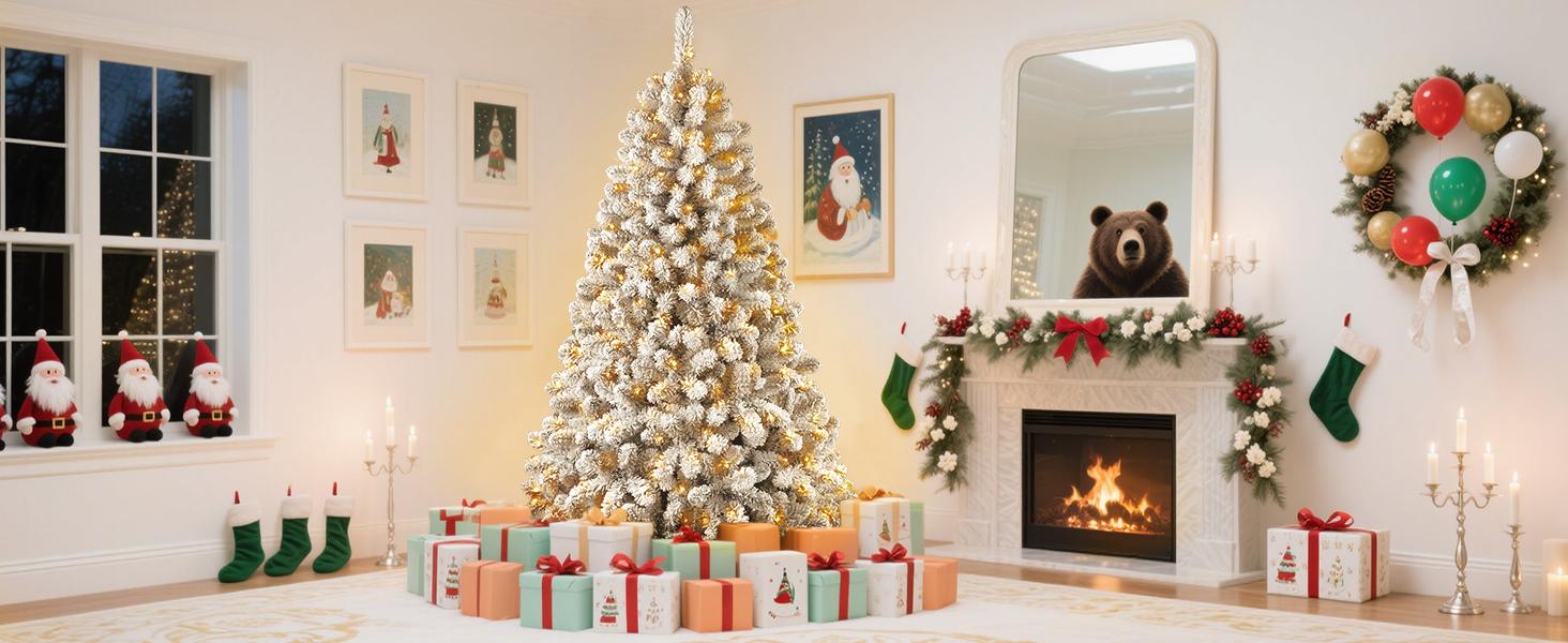SHareconn 4/5/6/7.5/9/12FT Pre-Lit Snow Flocked Christmas Tree with Remote Control, Deluxe Hinged Design, RGB Led Lights, Ideal Xmas Decoration