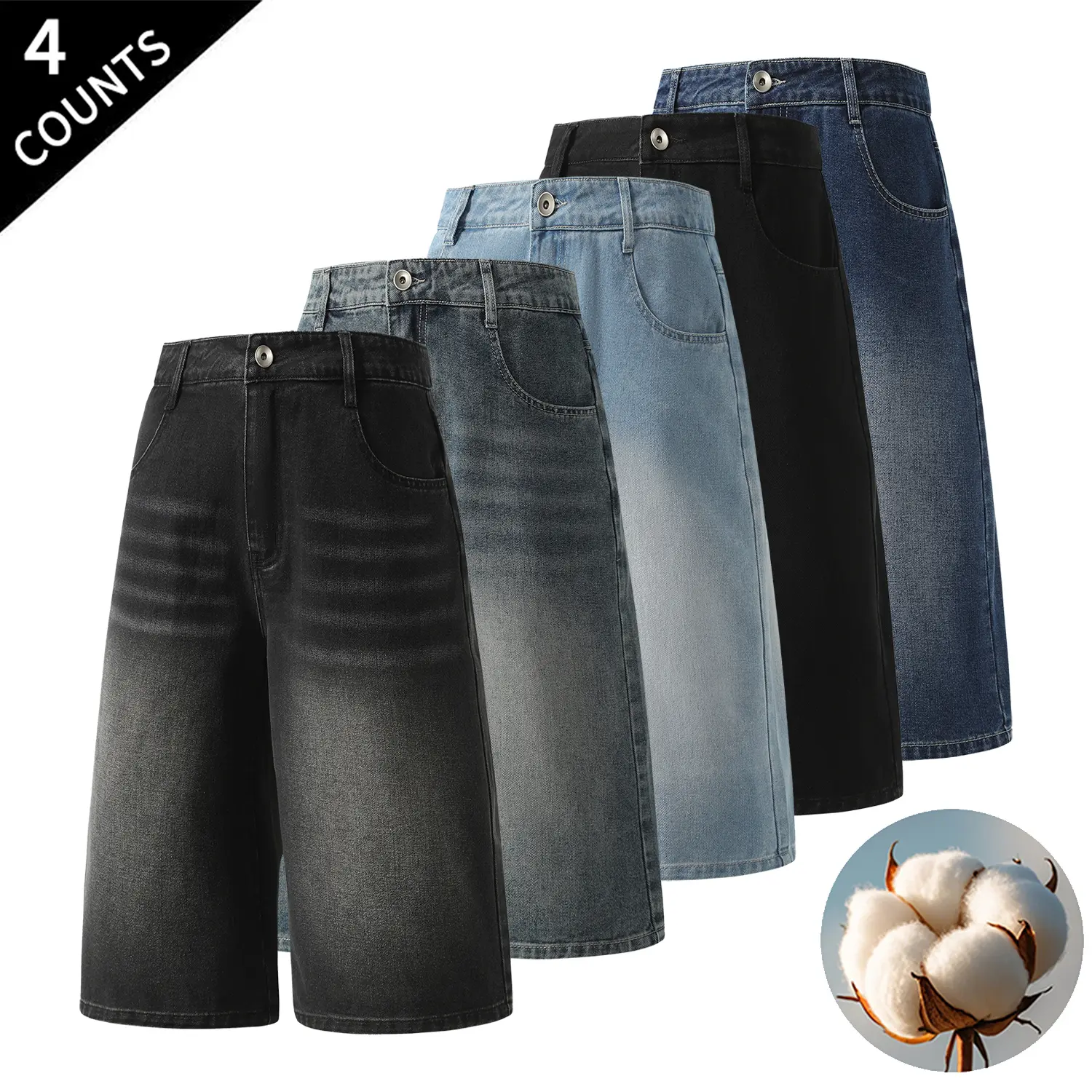 4-Pack Men’s Cotton Denim Jeans Shorts – Vintage Wash, Loose Wide-Leg Capri Style, Casual Streetwear, Relaxed Fit, Knee Length, Bermuda Denim Pants, Multicolor Pack for Everyday Summer Outfits