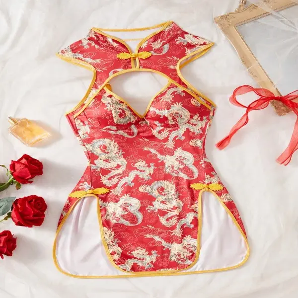 Women's Dragon Print Cheongsam Lingerie Slip Dress - Sexy Open Back, High  Slit - Valentine's Nightwear, VS-Style Qipao Costume - TikTok Shop
