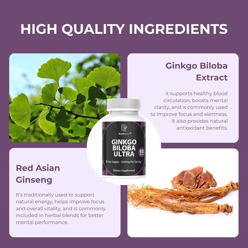 Ginkgo Biloba Ultra with Red Asian Ginseng 1420mg 60 Vegetarian Capsules Memory Focus Support Supplement Herbal Blend