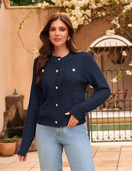 GRACE KARIN Womens Open Front ButtonDown Long Sleeve Texture Knit Cardigan Sweaters with Pockets