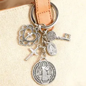 San Benito Keychain with Cross Charm and Key Ring Religious Accessory for Keys