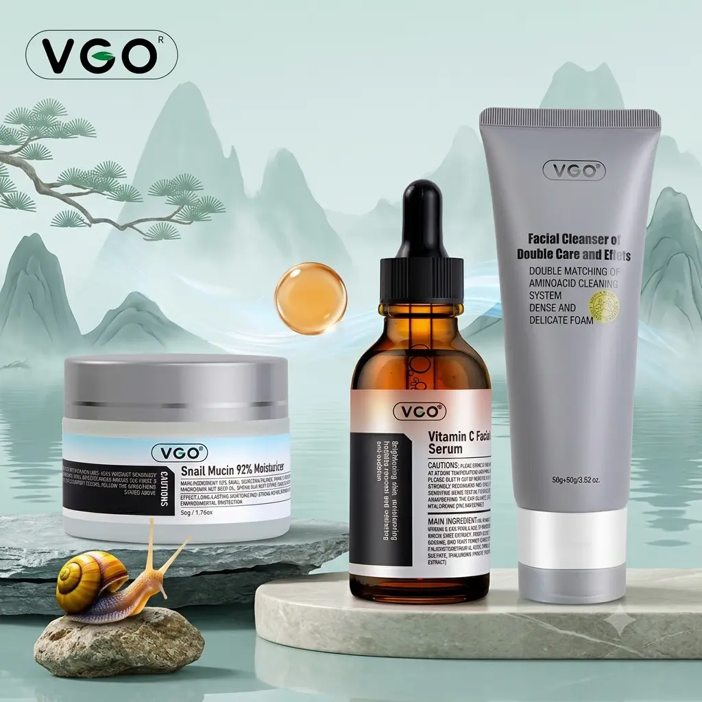 VGO 3-Step Facial Skincare Set with Snail Cream, Foam Cleanser & Lightweight Serum for Smooth Skin, Daily Routine for All Skin Types, Moisturize, 3-Step Kit