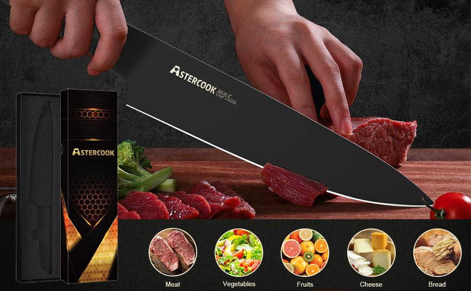 Astercook Chef Knife Durable High Carbon Stainless Steel with Anti-Rust Teflon Coating, Lifetime Warranty block Kitchen Utensils Cutting