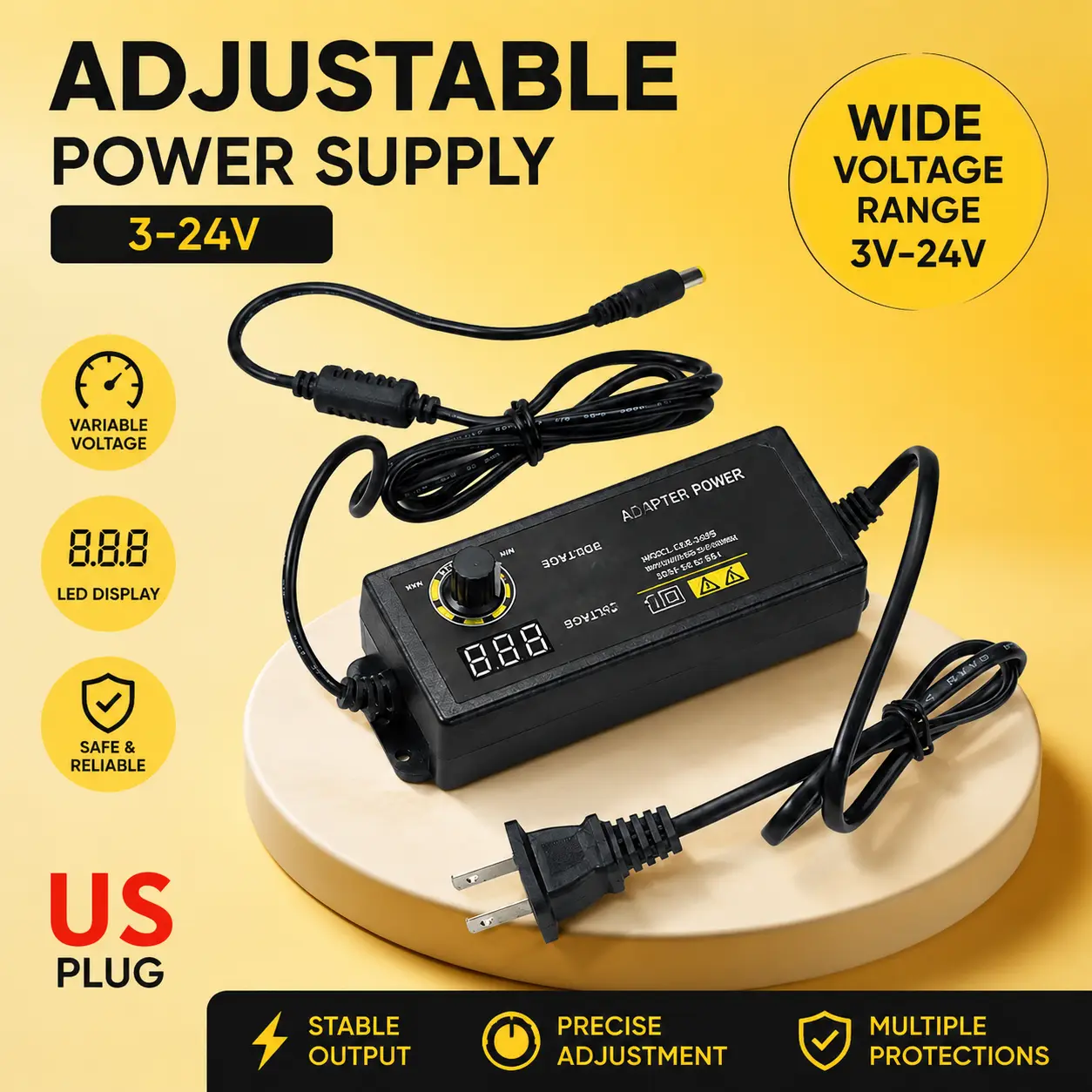 Adjustable 3-36V DC Power Supply 60W Variable Voltage Adapter Digital Display Regulated Charger for LED Strip Router Camera Household Electronics