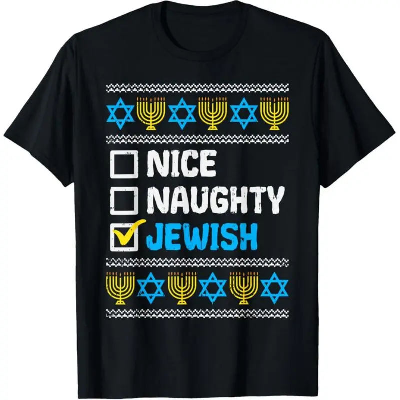 Women's 100% Cotton Slim-Fitting Funny Hanukkah Graphic Crew Neck T-Shirt - Short Sleeves, Naughty Jewish Humor, Bohemian Streetwear, Soft Breathable Color-Hold Fabric, Everyday Essential Funny T Shirt