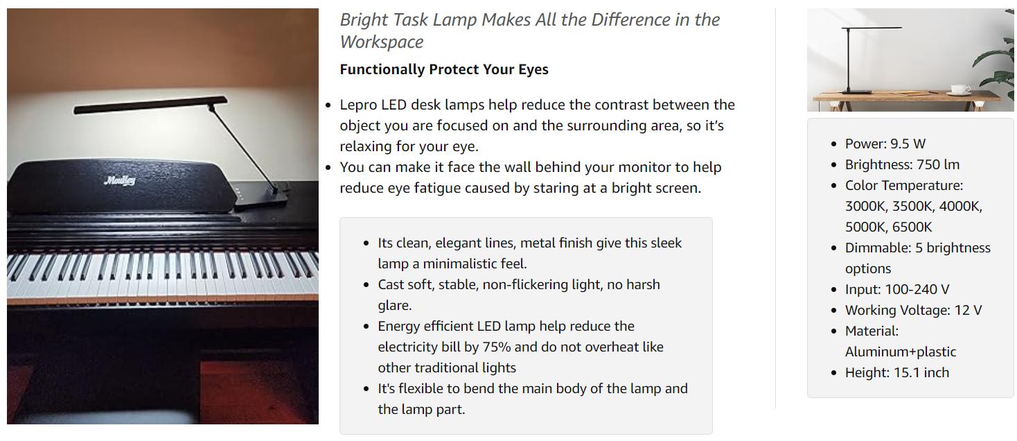 LEPRO LED Desk Lamp for Home Office 9.5W 750LM Metal Touch Control 5 Color Modes 5 Brightness Levels Eye Caring Task Lamp for Reading Sewing Crafts School Supplies Puzzle Light Black Energy Saving No Heat Up