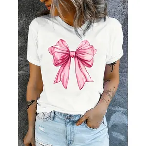 Elegant Pink Bow Graphic Casual Short Sleeve TShirt for Women Breathable Round Neck Top SemiSeeThrough HLine Silhouette AllSeason EasyCare