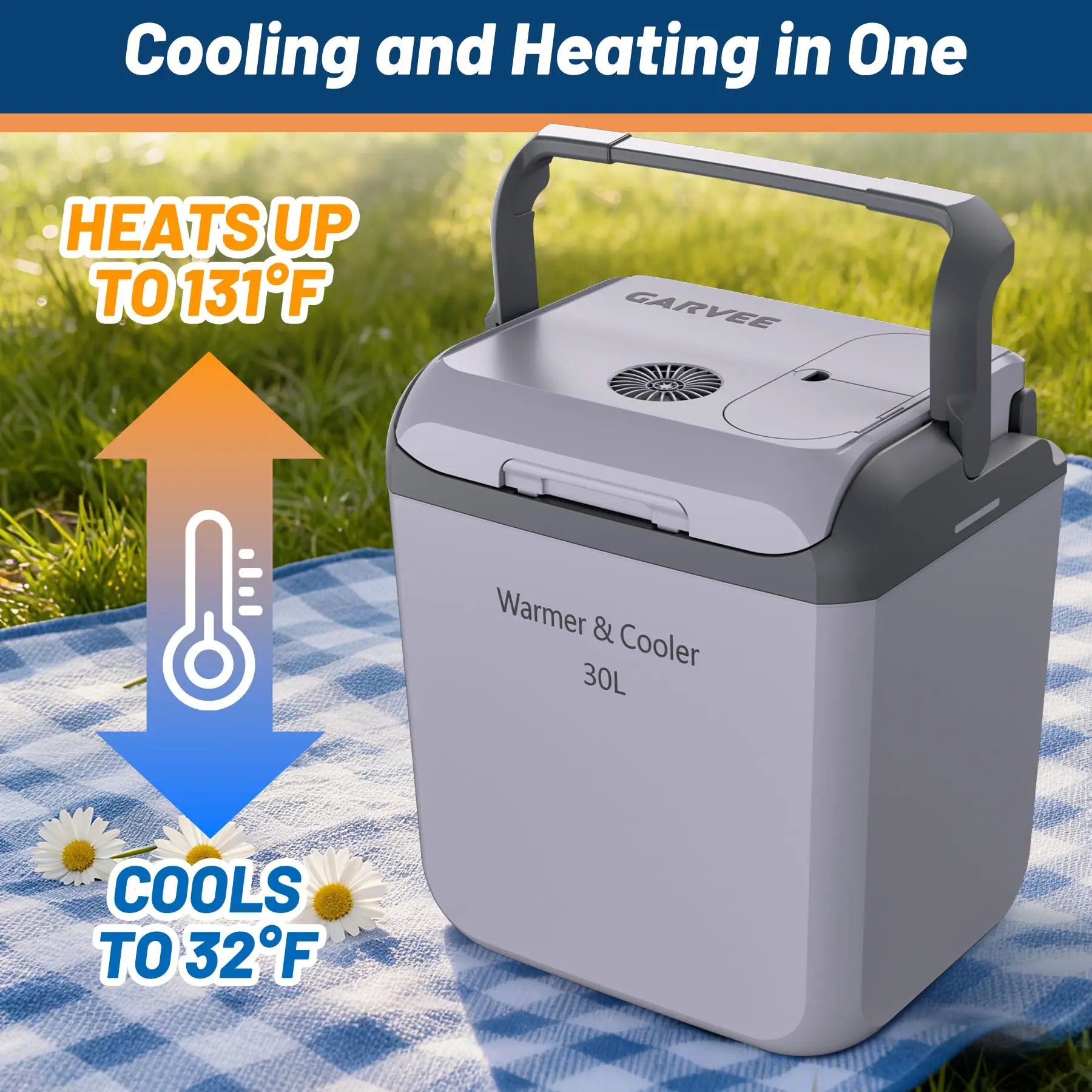 Garvee Thermoelectric Car Cooler & Warmer, 30L/32 Qt Portable Electric Mini Fridge - AC/DC 12V/110V Plug-In - Carry Handle - For Vehicle/Truck/Travel/Camping - Light Gray