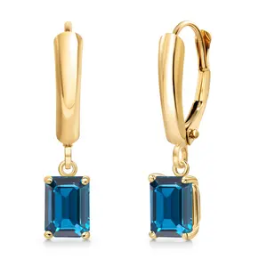 14K Yellow Gold London Blue Topaz Dangle Earrings for Women | 1.32 Cttw | Gemstone November Birthstone | Emerald Cut 6X4MM