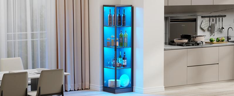 BROTTAR Corner Display Cabinet with Glass Doors, Aesthetic Display Case with 3 Color Light, 4-Tier Curio Cabinet & Bookcase for Collectibles, Toys, Books, for Playroom, Bedroom, Study Room, Black/White