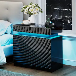 Miu Smart Nightstand with Auto Sensor LED & Charging Station,Tempered Glass Bedside Table,3-Color Dimmable Night Stand with Drawers for Bedroom,Modern Night Stand