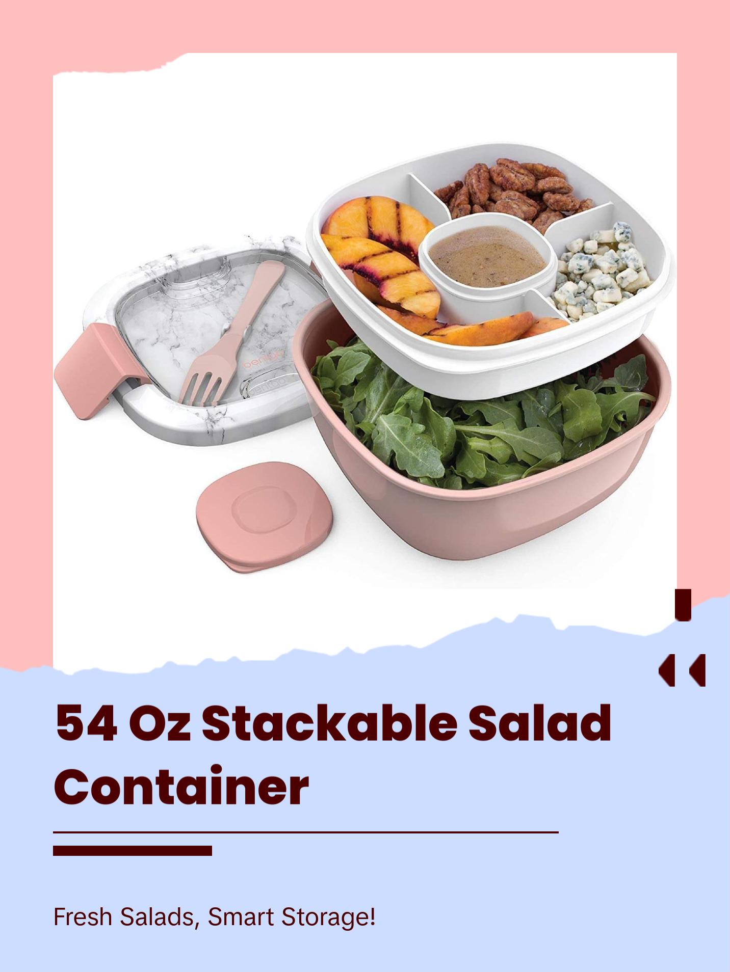 Salad - Stackable Lunch Container with Large Salad Bowl, 4-Compartment Bento-Style Tray for Toppings And Sauce Container