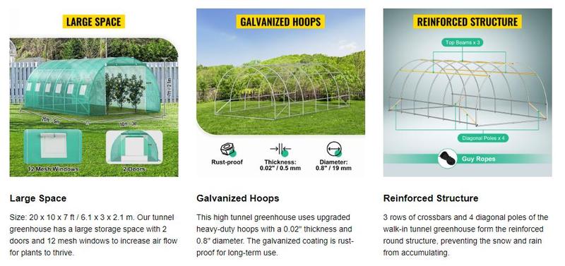 VEVOR Walk-in Tunnel Greenhouse, Portable Plant Hot House w/ Galvanized Steel Hoops, Top Beams, Diagonal Poles, Zippered Doors & Roll-up Windows