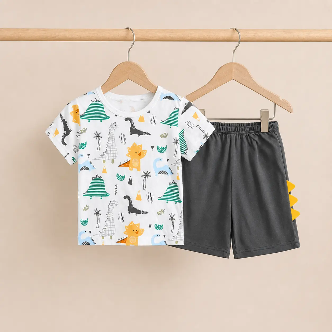 Boys' 2-Piece Summer Tracksuit Set - Cartoon Dinosaur Print O-Neck Short-Sleeve T-Shirt + Elastic Waist Shorts, Cute Casual Tops, Machine Wash, 2-7 Years