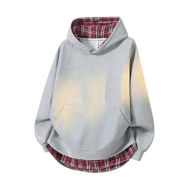 Men's Faux Two‑Piece Hooded Sweatshirt,  Polyester Construction, Plaid Contrast Lining And Hem Details, Kangaroo Pocket Long‑Sleeve Hoodie, Trendy Street‑Inspired Look, Perfect For Back‑to‑School Season Daily And Hangout Occasions
