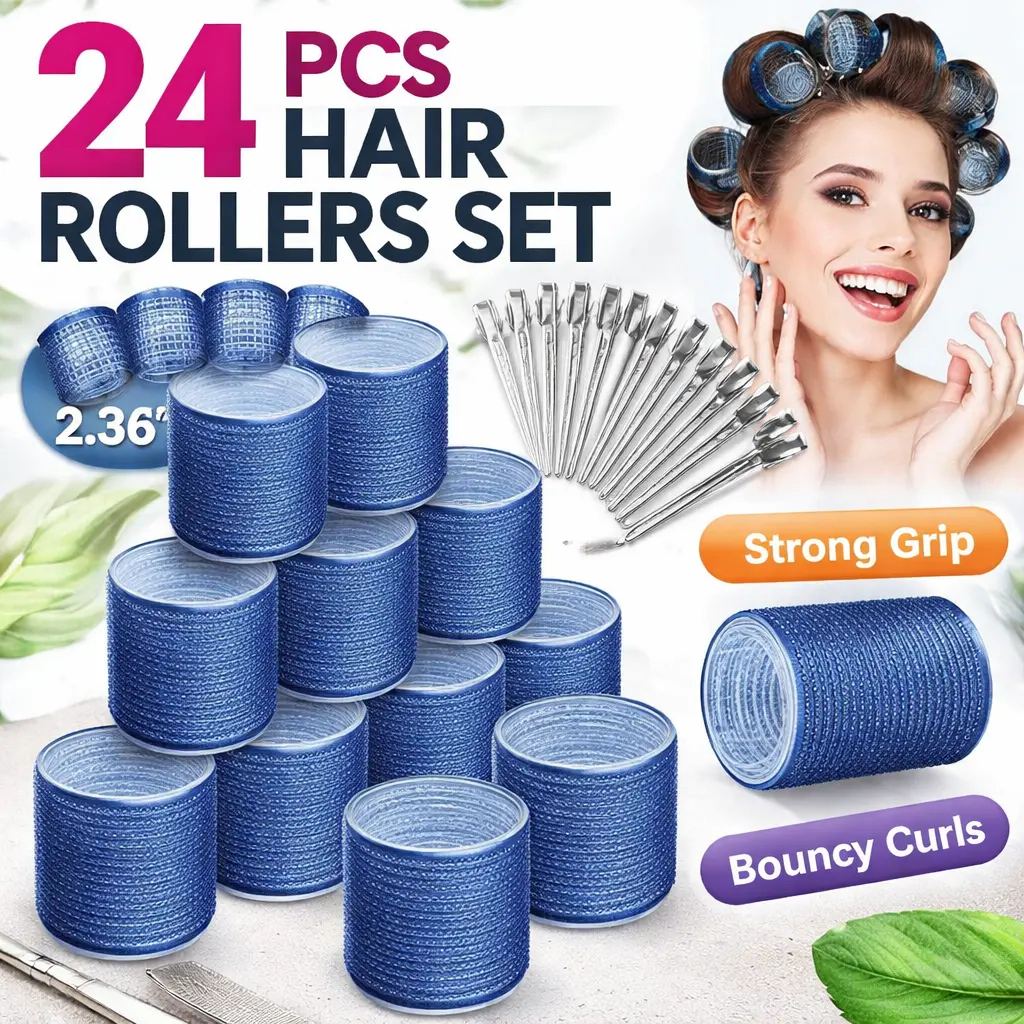 Heatless Jumbo Hair Curlers 24-Pack - Large Rollers with Clips for Long Thick Hair, Overnight Volume Styling Set for Heatless Curls, Blue, Hair Tools, Haircare Fry Utensils
