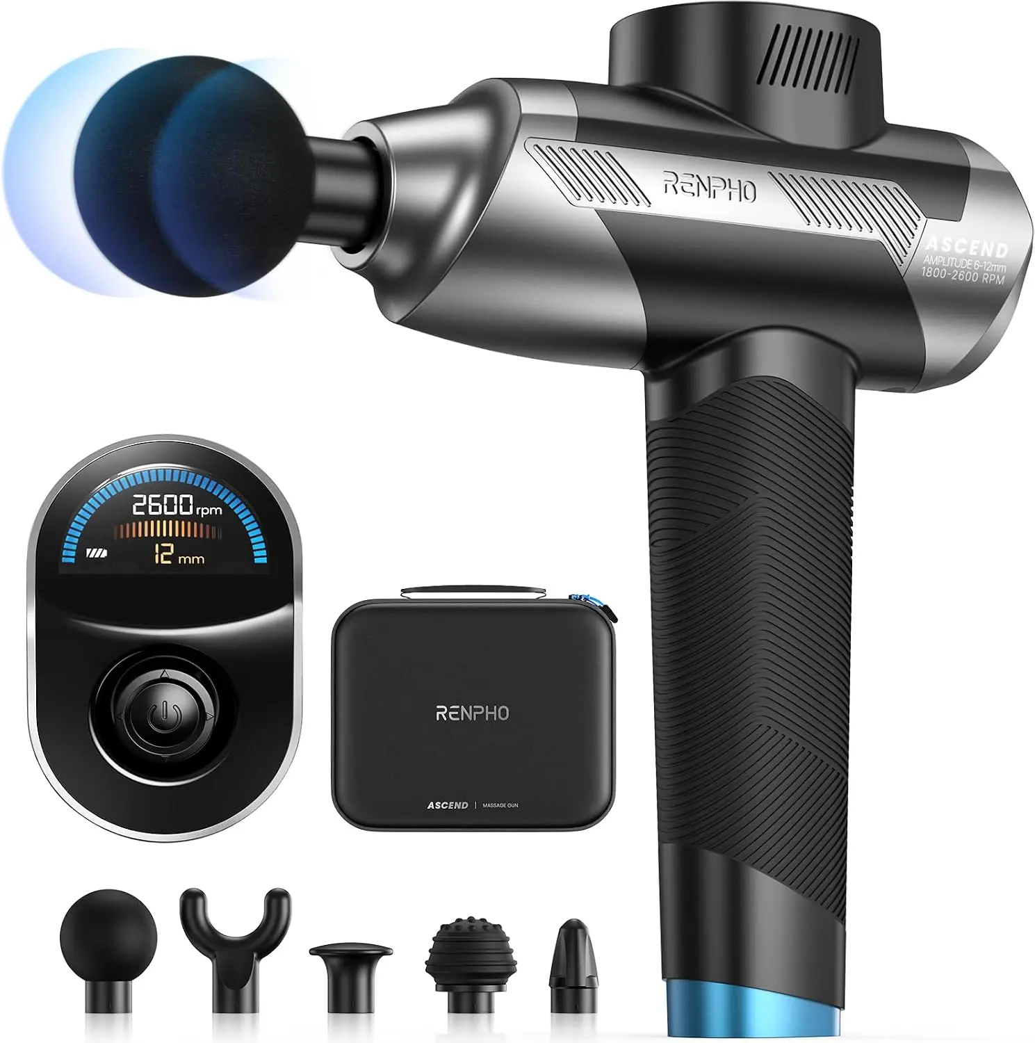 RENPHO Ascend Professional Massage Gun - FSA/HSA Eligible, 6-12mm Adjustable Amp, 5 Speeds, 5 Silicone Attachments, Deep Tissue Percussion Massager for Muscle Relief & Custom Intensity
