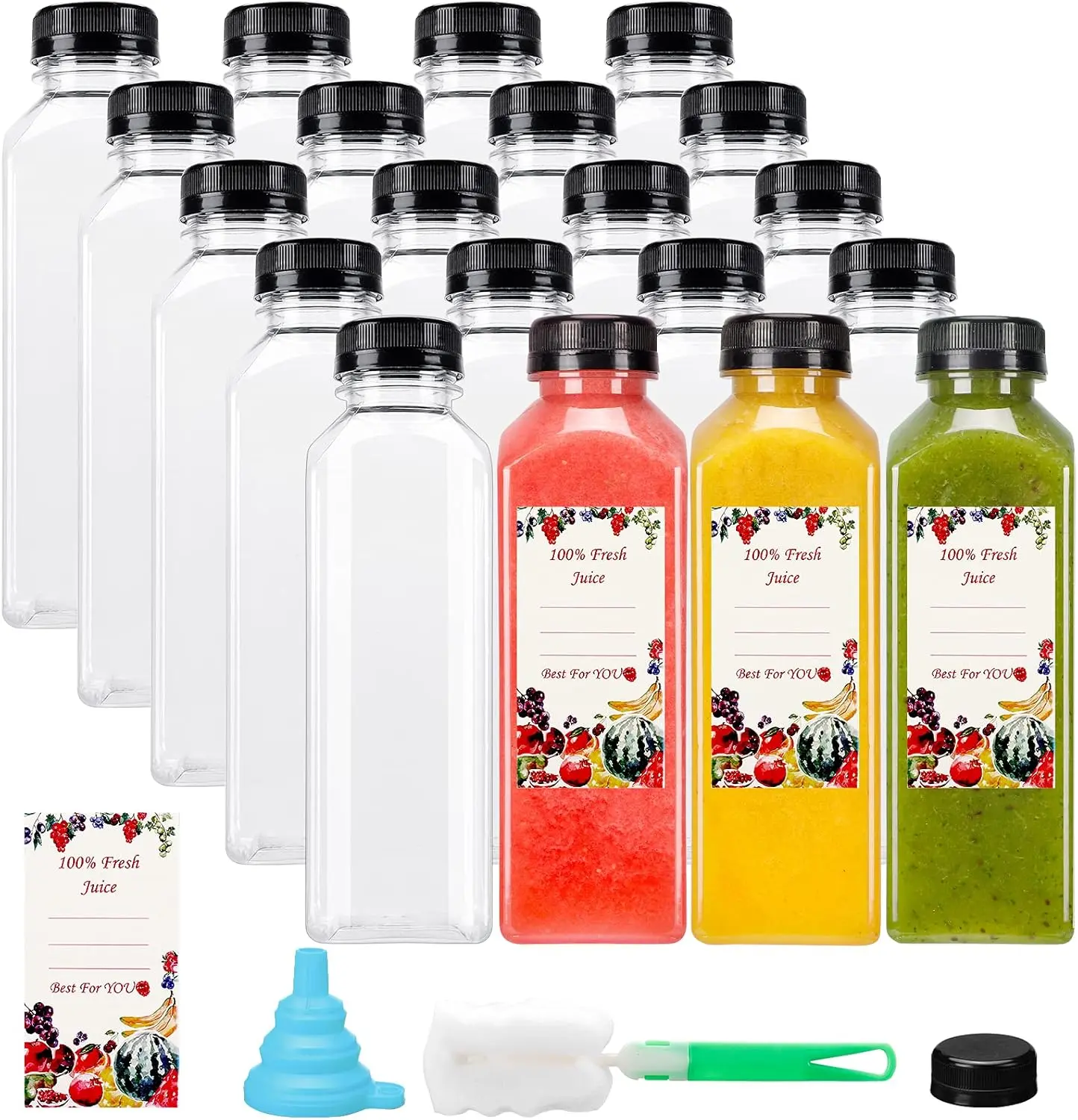 20pcs 16oz Juice Bottles, Plastic Juicing Bottles with Caps, Clear Drink Containers with Lids for Drinking, Smoothie and Other Beverages