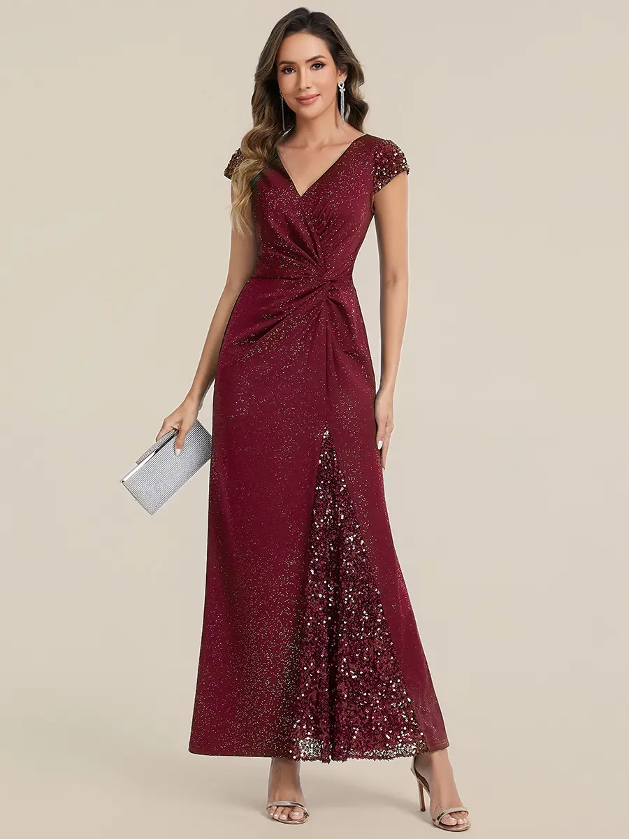 Ever-Pretty 2026 V-Neck Short Sleeve Ruched Sequin Mermaid Dress - Elegant  Formal Gown for Wedding Guest & Evening Party 02657 - TikTok Shop