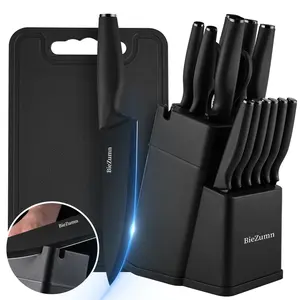 15 piece kitchen knife set, black knives with built-in sharpener and knife holder, can be washed in the dishwasher, suitable for various cooking needs such as slicing, slicing, and shredding