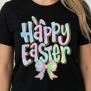 Celebrate Easter with a Vibrant Colorful Bunny and Bow Graphic Tee Unisex Short Sleeve Cotton Casual Shirt All Seasons Easy Care Washable