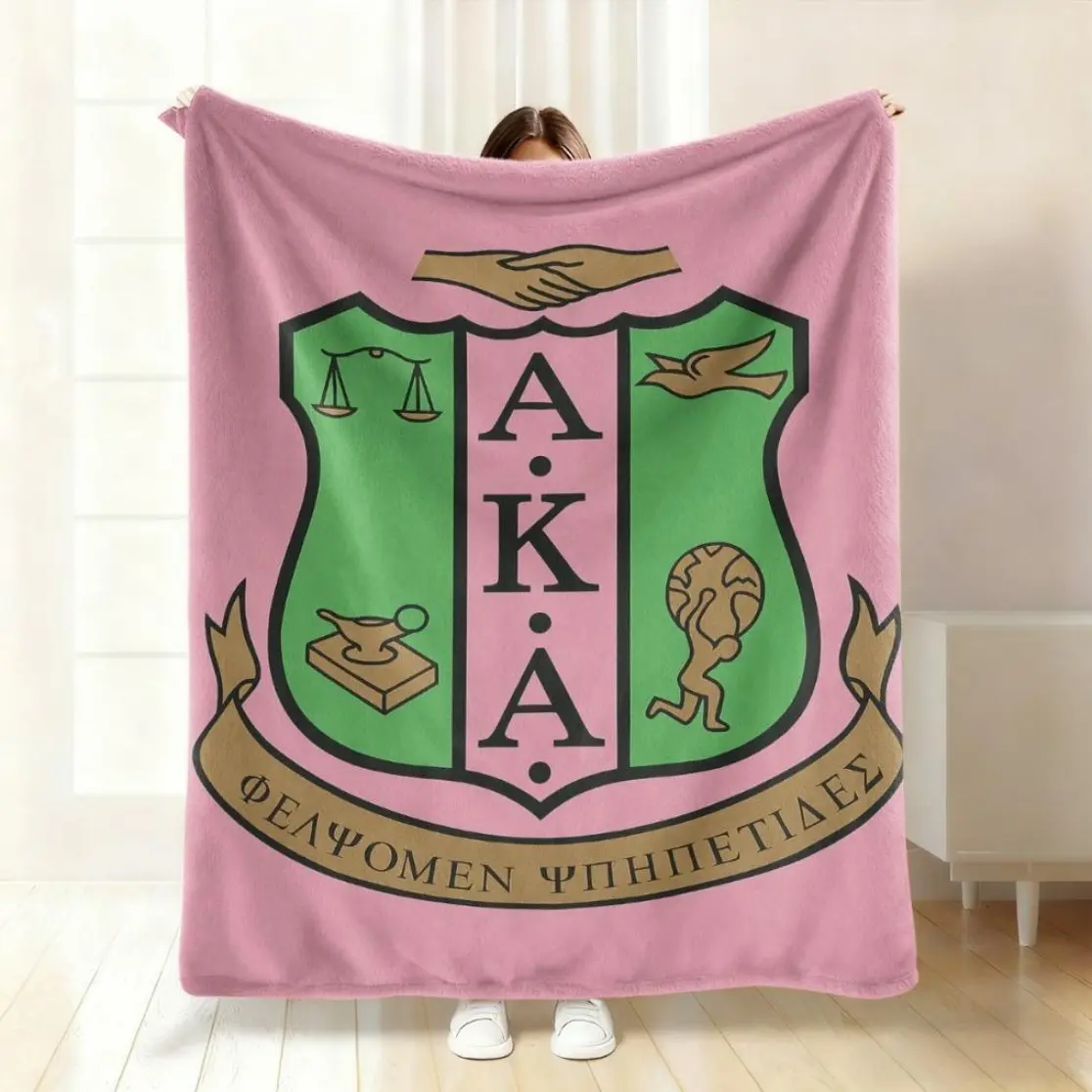 Sorority-Themed Flannel Throw Blanket | Soft Pink & Green AKA Design with Symbols, Lightweight,  Digital Print, Perfect for Home, Office, Travel, Birthdays & Holidays  Lightweight, soft, comfortable, and breathable.---Warm Haven Textiles