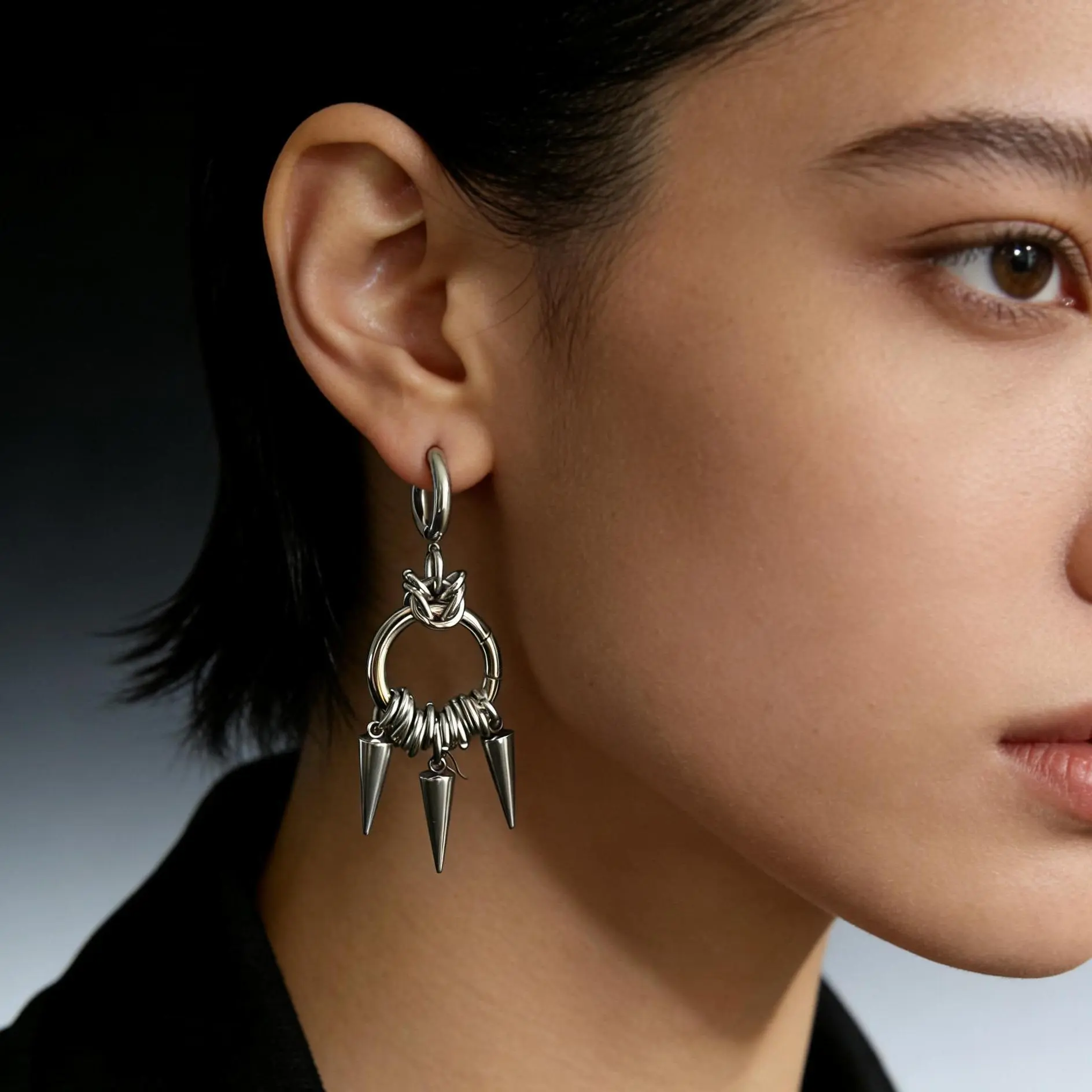 Oufer 2PCS Chains and Spikes Chunky Alt Goth Cool Earrings