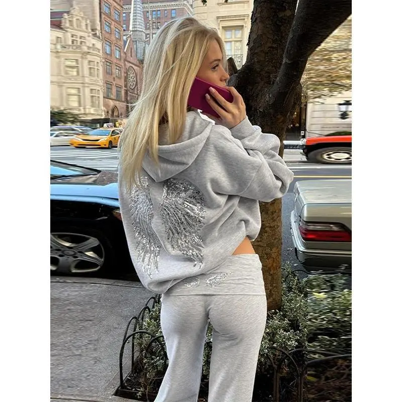 Fashion Loungewear Outfit High Steet Tracksuit Women's Grey Sequin Angel Wings Crop Hoodie Top and Sweatpants Set Fashion Casual